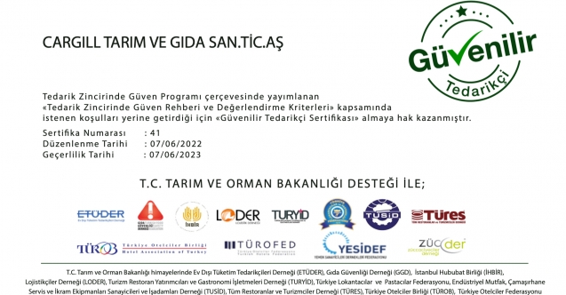 Cargill’e ‘Güvenilir Tedarikçi’ sertifikası
