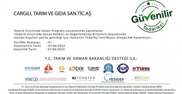 Cargille ‘Güvenilir Tedarikçi sertifikası